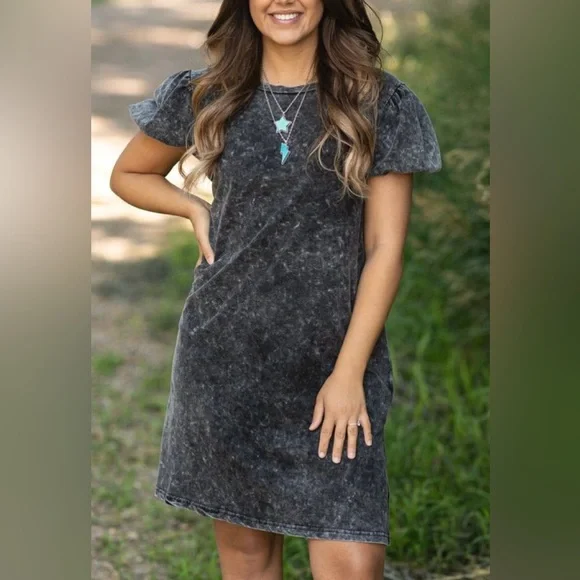 BiBi Black Puff Sleeve Mineral Wash Dress - Picture 3 of 6